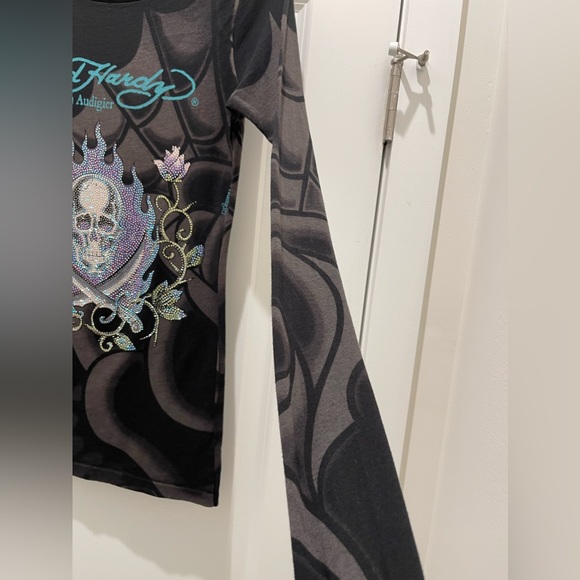 Ed Hardy Shirt Vintage Y2K Size Small Rhinestone Skull Koi Fish Rare Multi Print - Picture 3 of 16